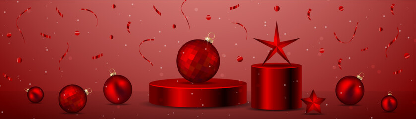 Red christmas balls on red podium with confetti