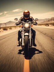 Close-up of motorcyclist on the road. - obrazy, fototapety, plakaty