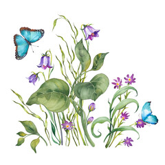 Floral arrangement with meadow bellflowers, green leaves and butterflies. Hand drawn watercolor illustration. - 676422739