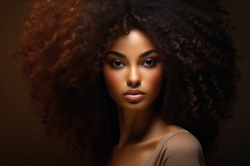 Captivating portrait of a woman with voluminous afro hair and striking features..