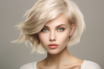 Chic blonde with a short, wavy hairstyle and subtle makeup, against a neutral background.
