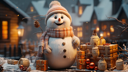 Obraz premium fabulous New Year's snowman joyful positive in a great mood with gifts waiting for the children for Christmas