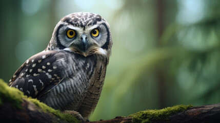 Obraz premium Northern Hawk Owl Perched on the Pine Tree.