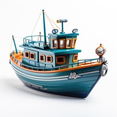 A toy boat with a man on the front of it. Realistic clipart on white background