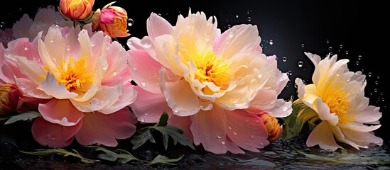 In the natural background an abstract floral arrangement of pink and yellow flowers with delicate petals blossoms under the gentle raindrops creating a beautiful abstraction of a peony s st