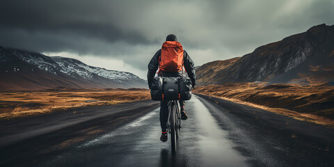 Cyclist traveling on the road on a bicycle with backpacks and bicycle travel bags