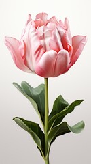 A single pink flower with green leaves in a vase. Realistic tulip on neutral background.