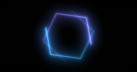 Fast-moving hexagon neon lights retro-style futuristic technology. Hexagon lights moving animation. Bright-colored moving neon light on a black background.