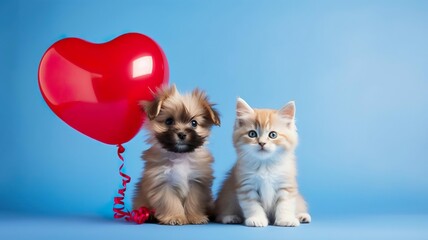 Fototapeta na wymiar Valentines day background a cute angora kitty and cute puppy with red baloon heartspace at the blue background,copy space.