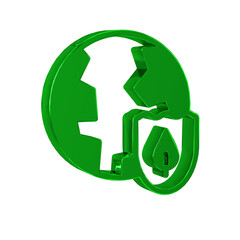 Green Earth with shield icon isolated on transparent background. Insurance concept. Security, safety, protection, privacy concept.