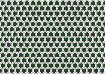 Hexagonal pattern with small green tree leaves inscribed in cells separated by a vertical scan-line - 676424323