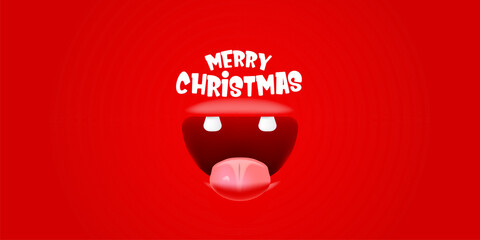 Vector Cartoon wide open mouth isolated on red background with Merry Christmas text. Funny and cute Christmas Monster open mouth with big white teeth and pink tongue. Merry Christmas banner