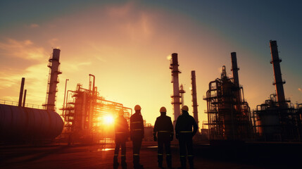 Fototapeta na wymiar Silhouette of Teams engineer and foreman working at petrochemical oil refinery in sunset.