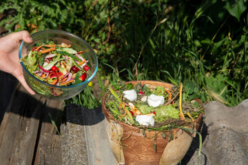 Compost the kitchen waste, recycling, organic meal household woman scraping, throwing food leftovers into the garbage, trash bin from vegetable.
