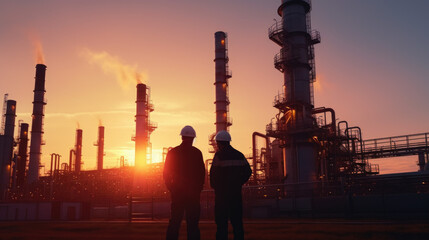 Silhouette of Teams engineer and foreman working at petrochemical oil refinery in sunset.