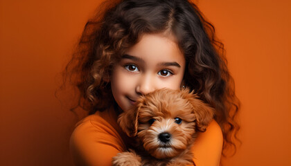 A portrait of ,Close up, Cute little girl hugging cute furry dog, High Quality Image, HD Wallpaper