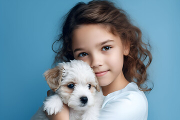 A portrait of ,Close up, Cute little girl hugging cute furry dog, High Quality Image, HD Wallpaper