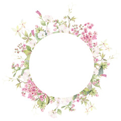 A circle floral frame with pink flowers, herbs, creepers and green leaves hand drawn in watercolor. Watercolor floral frame