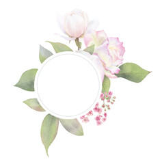 A floral circle frame with pink roses, flowers and green leaves hand drawn in watercolor. Watercolor floral frame