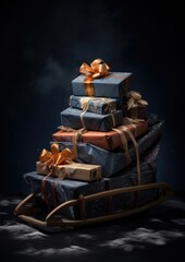 A pile of Christmas presents stored on a sleigh. Generative AI.