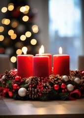 Advent wreath with candles placed on the table, lamp in the background. Pre-Christmas time. Generative AI.