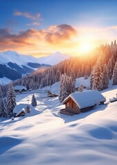 Cozy mountain hut in snowy nature. Winter country. Generative AI.