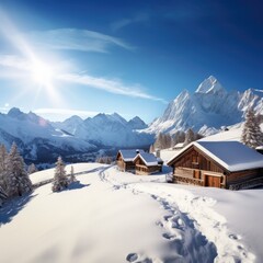 Cozy mountain hut in snowy nature. Winter country. Generative AI.