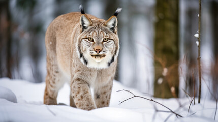 Obraz premium Lynx in winter. Young Eurasian lynx, walks in snowy beech forest. Beautiful wild cat in nature.