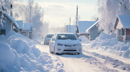 Snow-covered cars drive on a cut road with a lot of snow on the sides
