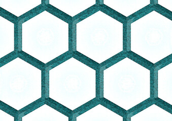 Great image of white hexagonal pattern with double border of lines and dots. - 676425591