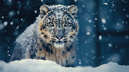 A tiger in a winter landscape during a snowfall