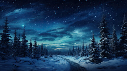 A winter landscape with lots of snow at night with northern lights in the sky