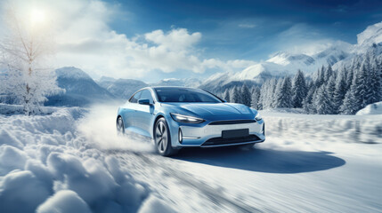An electric vehicle drives through a snowy street - obrazy, fototapety, plakaty
