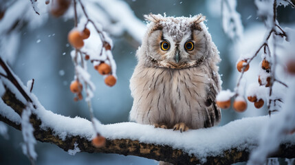 A little owl sits on a snow-covered tree