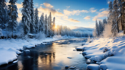 Winter landscape with lots of snow and a river flowing through the middle - obrazy, fototapety, plakaty
