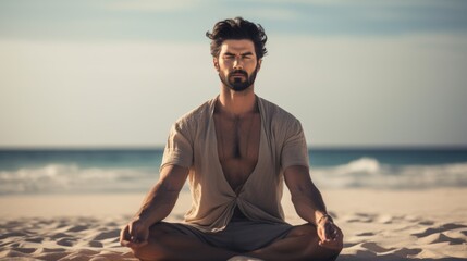 A man sitting in a yoga pose on the beach. Yoga meditation outdoors. - obrazy, fototapety, plakaty