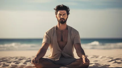 Muurstickers A man sitting in a yoga pose on the beach. Yoga meditation outdoors. © tilialucida