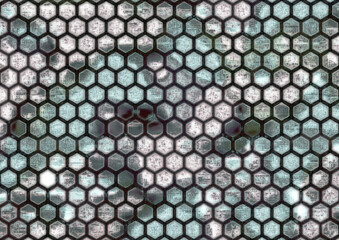 Hexagonal grunge pattern with dark cell border, torn lines overlapping hexagons, blending colors like blue, gray, and pink. - 676426164