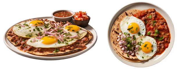 Fototapeta na wymiar Mexican Huevos Rancheros with a side of refried beans isolated on transparent background, food collection