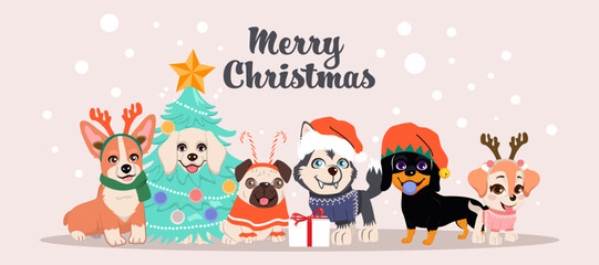 Merry Christmas and Happy New Year With Dogs Greeting Card Vector Illustration. Cute pets in Christmas costume