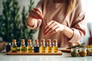 Detail of the hands of a young naturopath, preparing medicinal essential oils. - obrazy, fototapety, plakaty