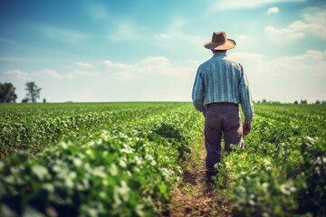 Fototapeta premium A farmer walks through his field harvesting green leafy vegetables waiting for rain.