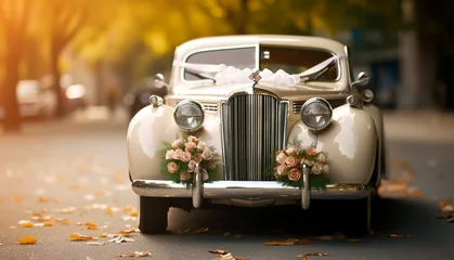 Küchenrückwand glas motiv A vintage car, very elegantly decorated with flowers, for a wedding day. © Joaquin Corbalan