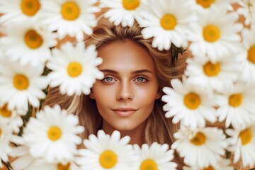 Portrait of a beautiful woman surrounded by daisies, an image for concepts of beauty in maturity.