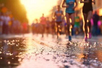 Many runners in a marathon competition, out of focus image, rainy background.