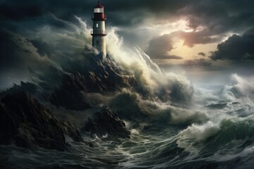 Lighthouse on a cliff during a storm