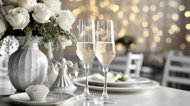 Festive set table with champagne glasses for a wedding, Christmas or other celebration