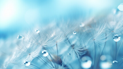 dew drops on dandelion seed macro, soft blue nature close-up photography