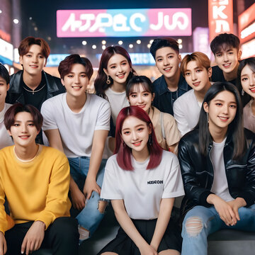 Group portrait of K-Pop fans. Harmony in Fandom: Diverse K-Pop Fans Unite in Korea. generative AI