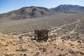 Old wooden mining entrance at Eureka Gold Mine in the desert, Death Valley National Park, California